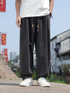 中国风夏季男士牛仔裤宽松休闲大码阔腿裤透气束脚长裤新款松紧腰