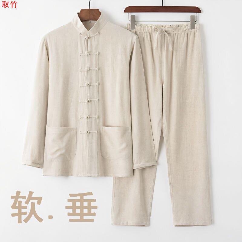 棉麻唐装男中式长袖套装中国风复古盘扣男装中老年宽松中式太极服