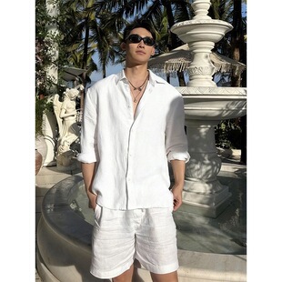 高级感宽松老钱风长袖 薄款 衬衣 男夏季 东南亚度假穿搭白色亚麻衬衫