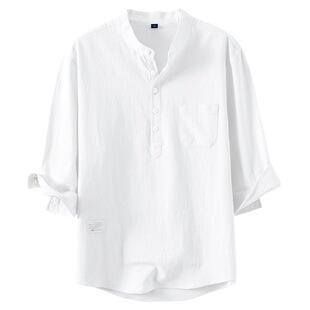 男士 透气纯棉T恤衫 纯色t恤棉麻衬衫 亨利衫 t恤 夏季 半袖 立领七分袖