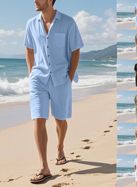 Men's linen collar breathable short sleeved shirt beach set