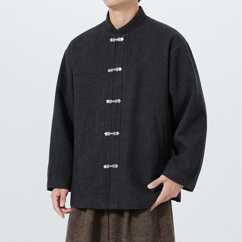 秋冬加大码男士厚款毛呢立领盘扣