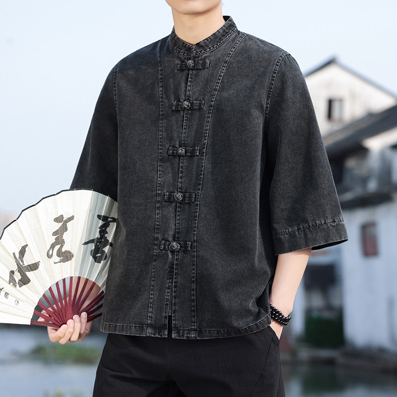 复古水洗牛仔衬衫男七分袖夏季宽松大码中国风短袖唐装新中式衬衣,男装,唐装,淘宝优惠券,粉丝福利购,淘宝优惠卷