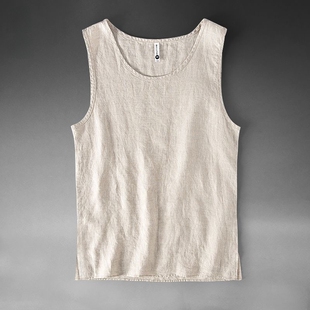 汗衫 100%纯亚麻背心男装 麻料无袖 沙滩宽松砍袖 纯色坎肩 夏天薄大码
