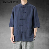 亚麻七分袖 立领盘扣短袖 衬衫 中式 棉麻上衣 宽松大码 春夏中国风男装