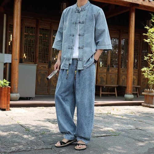 夏季男士立领唐装水洗牛仔套装中国风盘扣薄款中袖牛仔衬衫上衣潮
