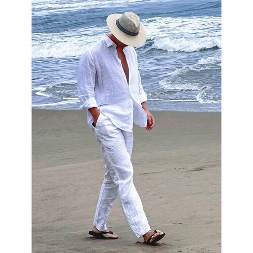 海边度假棉麻白衬衫男薄款透气防晒长袖开衫天丝亚麻休闲工装衬衣