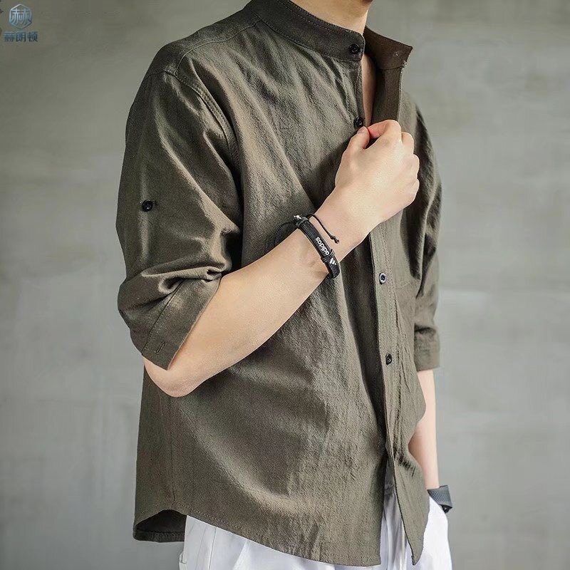 香港潮牌夏季轻薄棉麻七分短袖衬衫男宽松中国风衬衣休闲长袖T恤