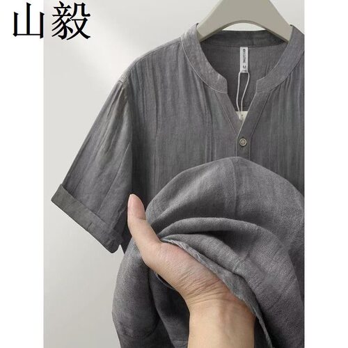 褶皱纹理灰色细V领亚麻短袖休闲t恤男士立领套头棉和亚麻大尺寸上