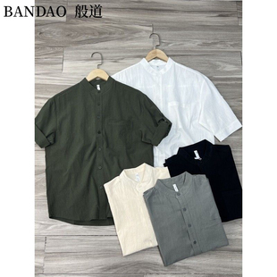 男7分袖 日线户外山系 衬衫 纯色百搭立领短袖 衬衣 复古宽松剪裁夏季
