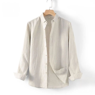 男翻领长袖 衬衫 新款 宽松休闲春秋男装 上衣潮 棉麻衬衣薄款 亚麻衬衫