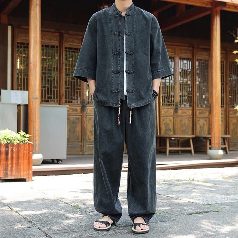 夏季男士复古中国风七分袖衬衫中式宽松盘扣衬衣唐装上衣牛仔套装