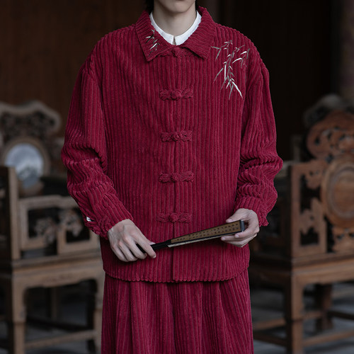 中国风长袖衬衫灯芯绒男士刺绣翻