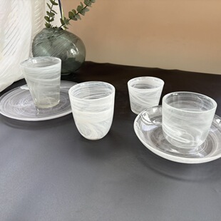 创意白色水墨玻璃盘云雾玻璃餐具套装家用云雾饮水杯玻璃餐具套装