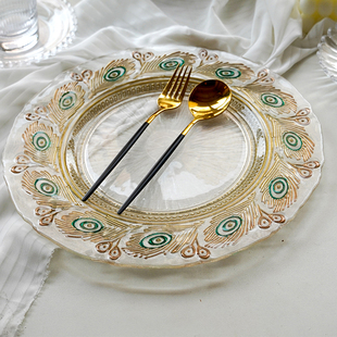 创意中式孔雀玻璃盘人工手绘盘子复古风精致水果盘风格装饰盘摆件