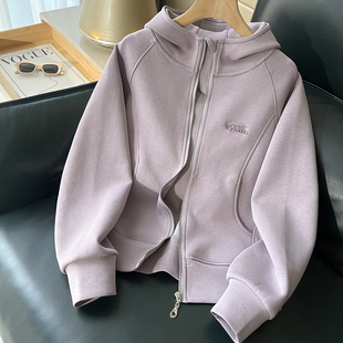 早秋外套女春秋款2026新款爆款百搭连帽秋季卫衣女款紫色开衫上衣