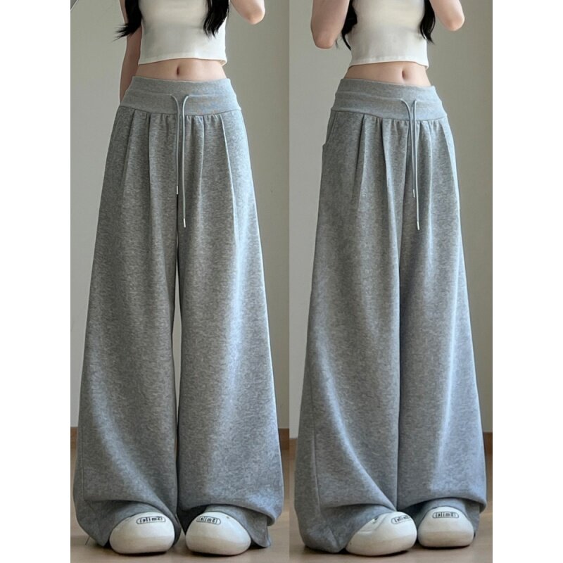 灰色复古宽松拖地阔腿裤女秋冬季低腰抽绳休闲卫裤显瘦垂感直筒裤