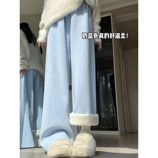 休闲加绒裤 蓝色雪尼尔阔腿裤 外穿高腰宽松直筒窄版 女秋冬季 子 棉裤