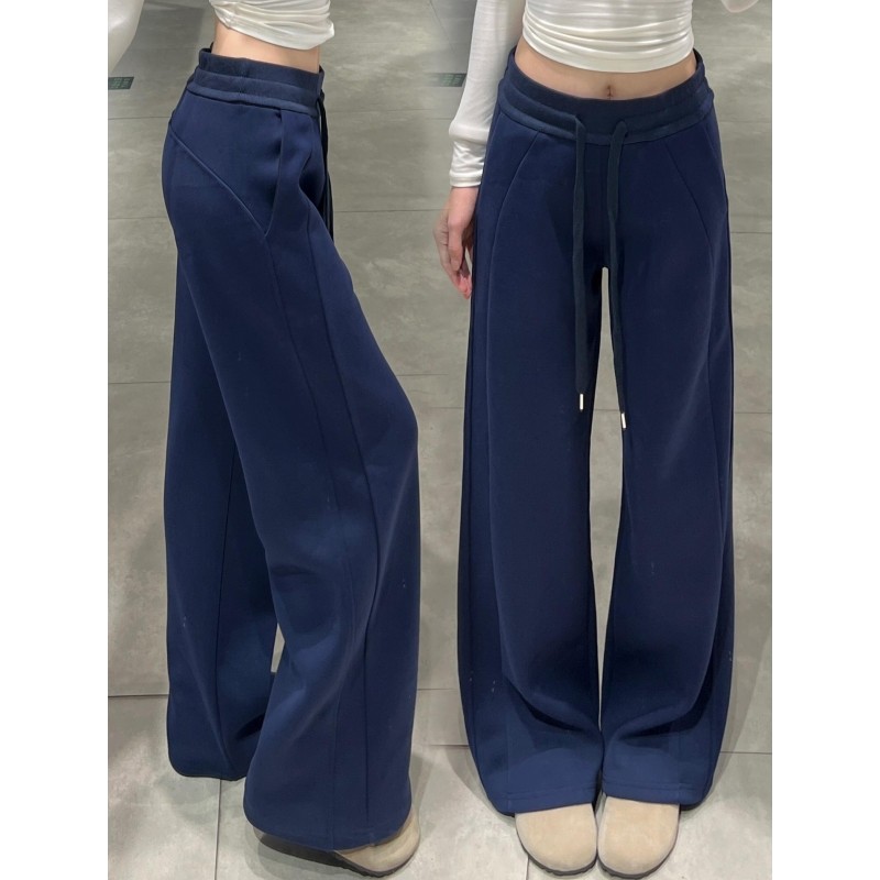 藏青色运动卫裤女秋冬季美式高腰显瘦直筒垂感加绒加厚窄版阔腿裤