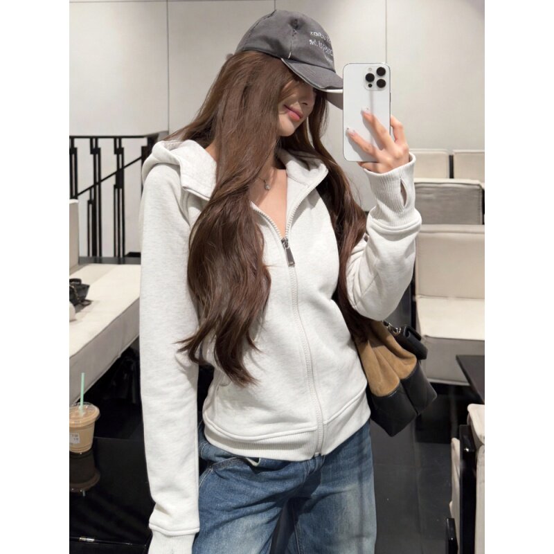 白灰色修身卫衣外套女夏季正肩连帽收腰韩系拉链显瘦开衫瑜伽上衣