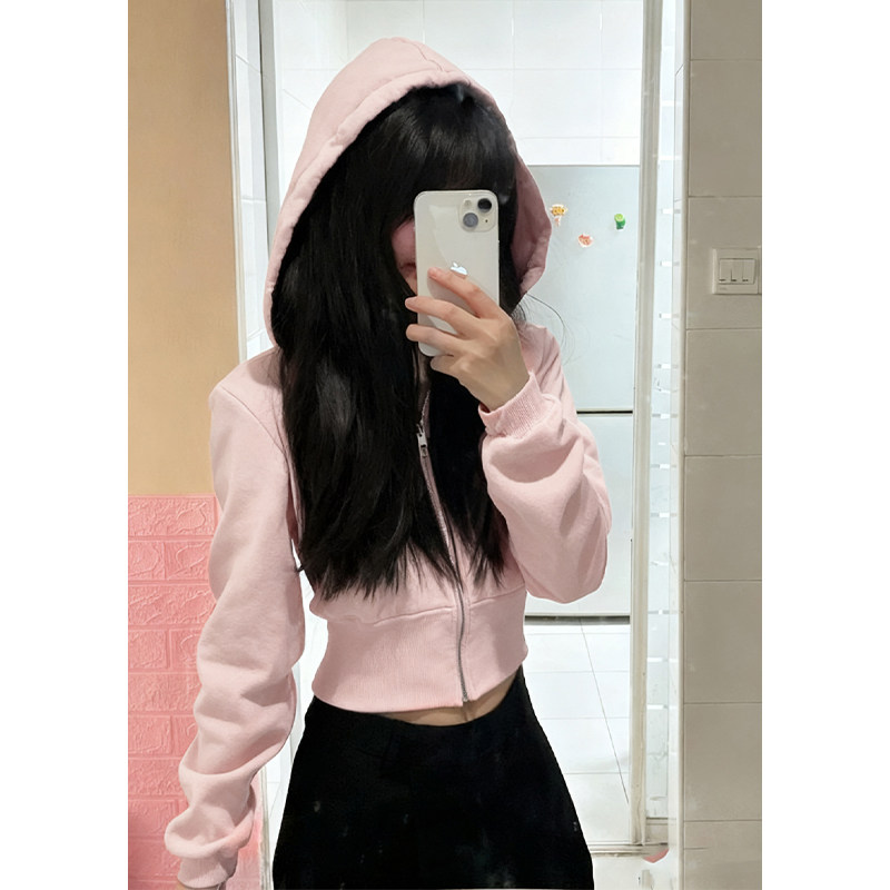 粉色短款收腰加绒外套女春秋新款设计感美式连帽卫衣开衫拉链上衣,女装/女士精品,短外套,淘宝优惠券,粉丝福利购,淘宝优惠卷