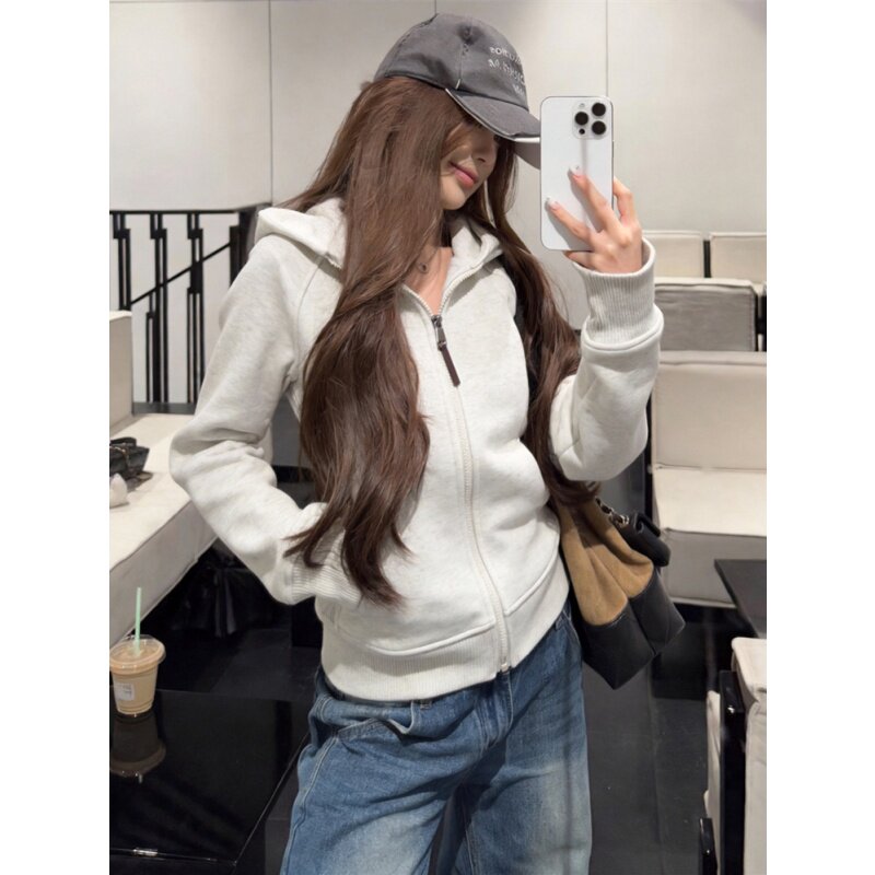 白灰色修身正肩卫衣外套女夏季收腰显瘦拉链上衣连帽运动韩系开衫