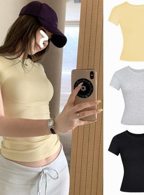 纯欲黄色正肩短袖t恤女夏季甜辣风上衣修身显瘦短款简约圆领内搭