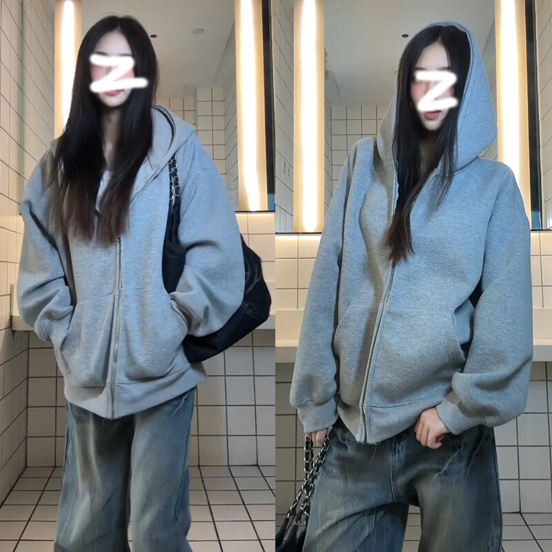 浅灰色卫衣女秋冬季连帽拉链宽松慵懒风休闲外套加绒美式开衫上衣