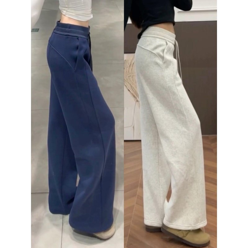 美式藏青色窄版阔腿裤女冬季新款高腰垂感显瘦直筒裤加绒运动卫裤