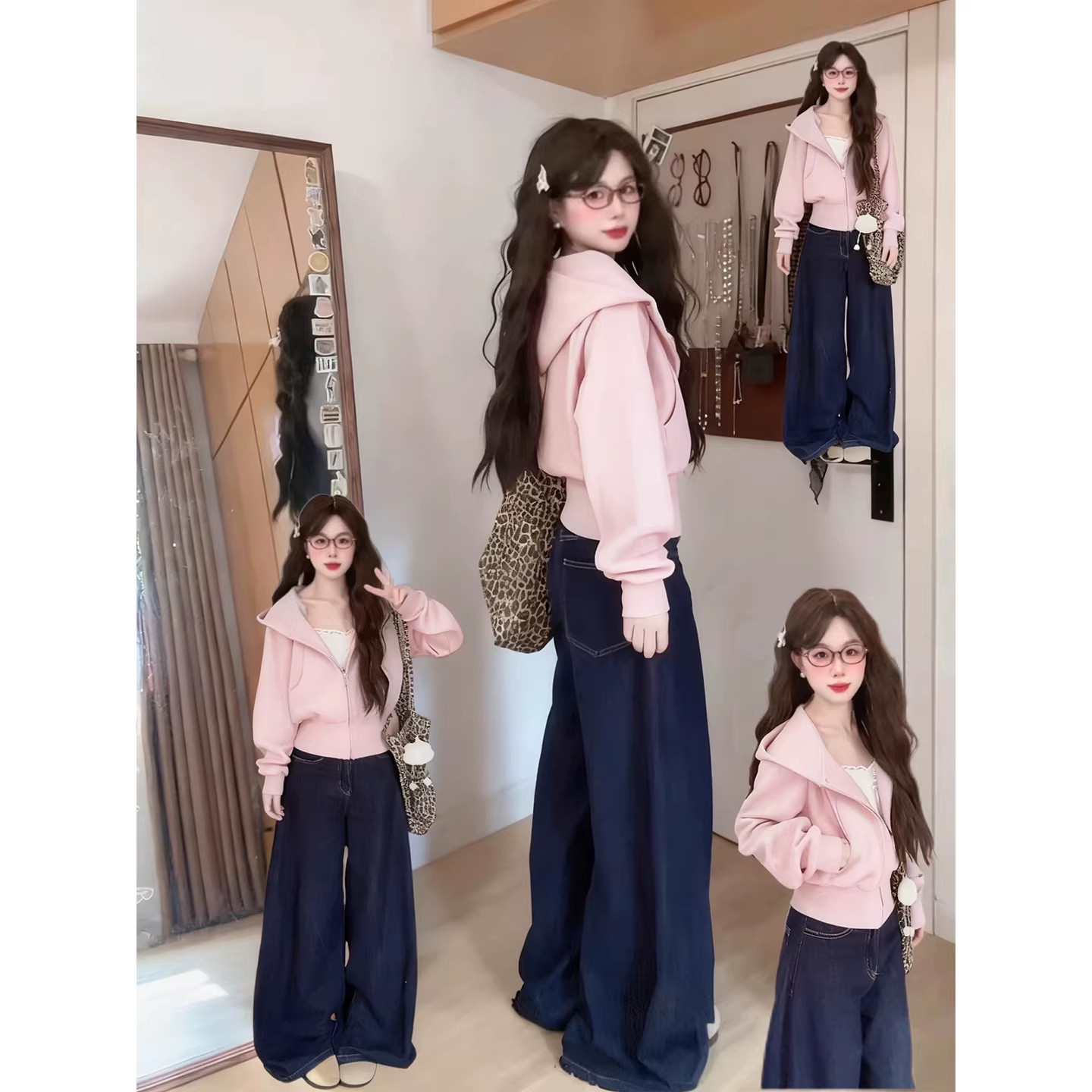 粉色正肩收腰短款外套女秋冬新款加绒韩系修身运动卫衣设计感上衣