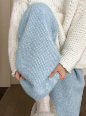 蓝色宽松针织阔腿裤女秋冬新款毛绒绒糯米裤高腰水貂绒直筒休闲裤