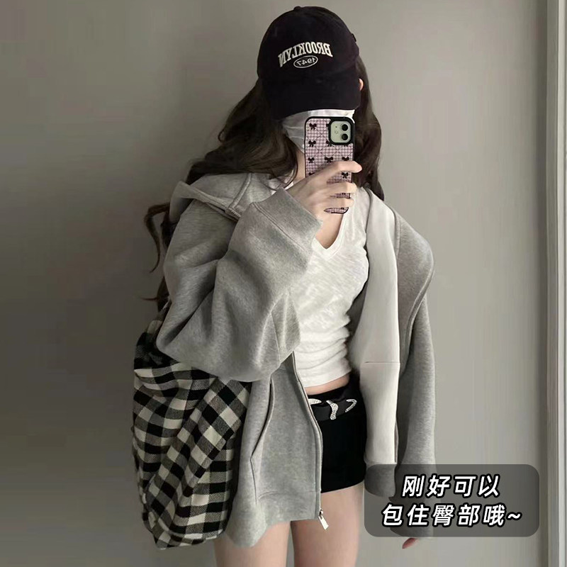 韩系灰色连帽卫衣女秋冬加绒宽松慵懒学院风外套运动开衫拉链上衣
