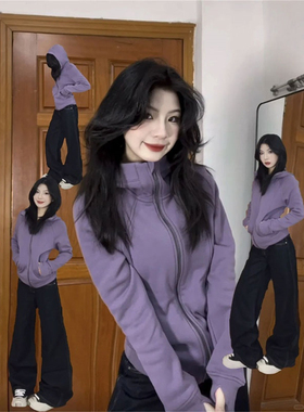 美式短款外套女春秋季紫色修身收腰连帽卫衣韩系正肩拉链开衫上衣