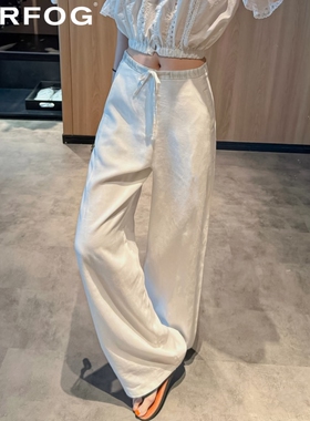 白色亚麻窄版阔腿裤女夏季薄款高腰显瘦宽松休闲风透气棉麻拖地裤