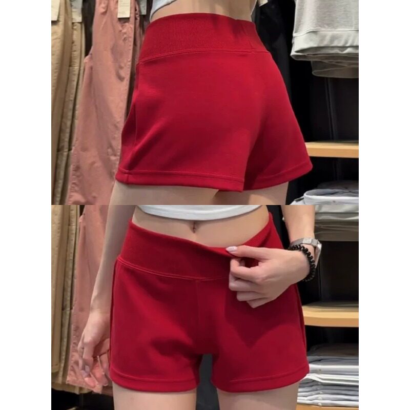 美式红色运动短裤女夏季薄款低腰