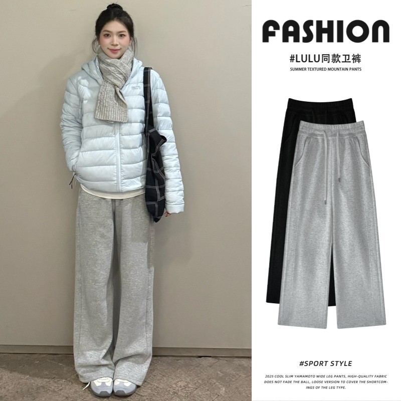 美式灰色加绒运动裤女秋冬季高腰宽松慵懒直筒裤抽绳窄版阔腿卫裤