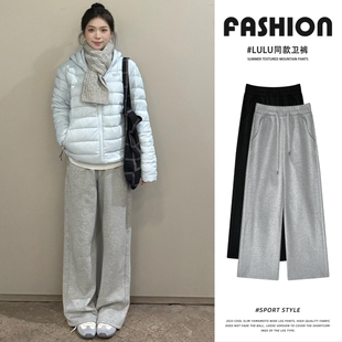 美式灰色加绒运动裤女秋冬季高腰宽松慵懒直筒裤抽绳窄版阔腿卫裤