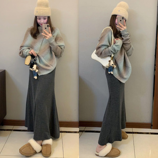 深灰色包臀半身裙女秋冬季新款高腰a字伞裙加绒显瘦针织鱼尾裙子