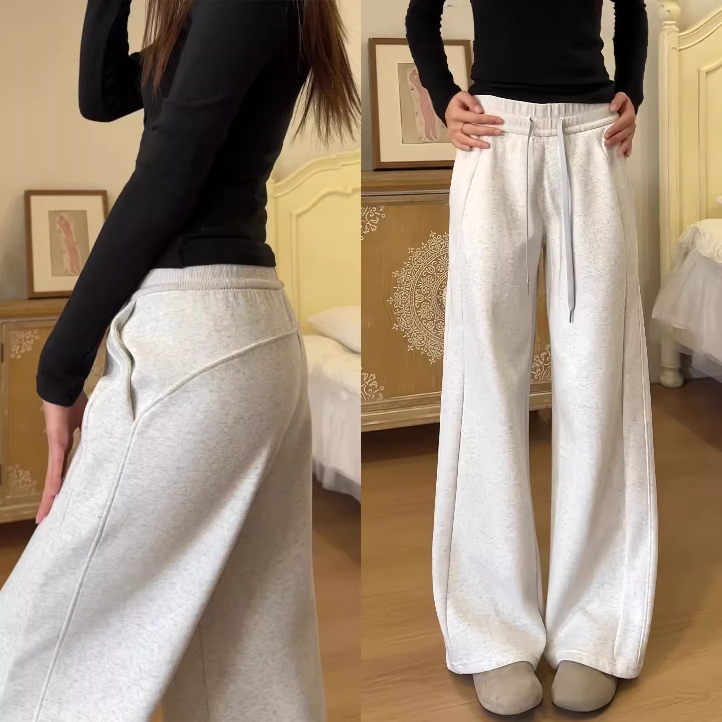 白灰色直筒运动裤女秋冬季高腰垂感窄版加绒卫裤宽松休闲阔腿长裤