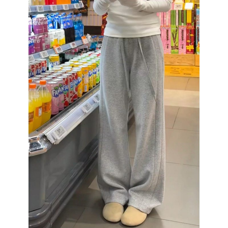 灰色加绒宽松直筒卫裤女秋冬季高腰窄版显瘦香蕉裤运动休闲阔腿裤