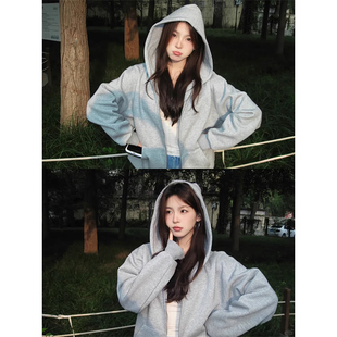 浅灰色连帽卫衣女秋冬季韩系慵懒风宽松显瘦外套加绒加厚开衫上衣