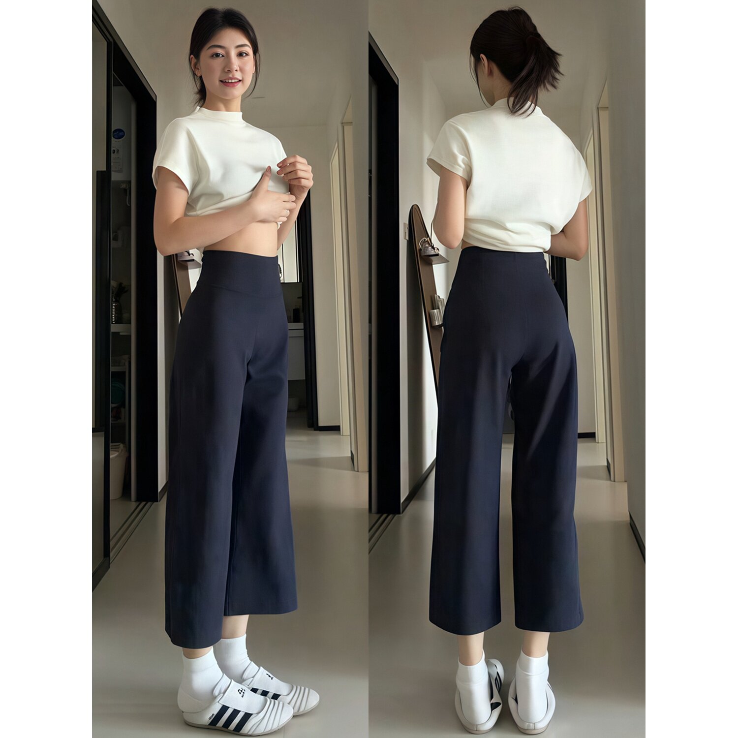 藏青高腰宽松休闲卫裤女夏季薄款显瘦直筒裤通勤风百搭瑜伽八分裤