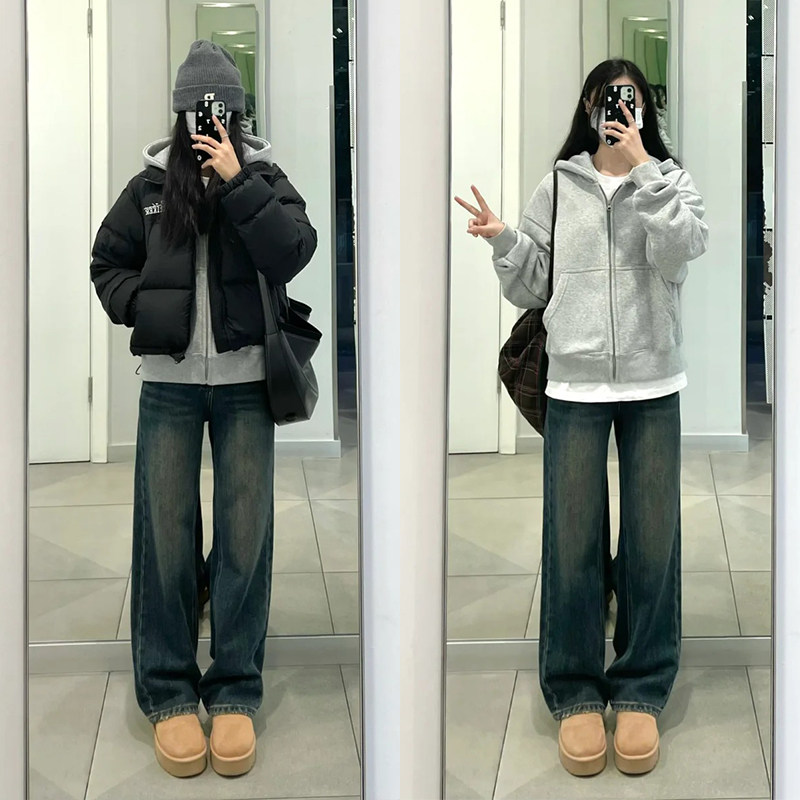 灰色外套女秋冬季加绒美式复古连帽拉链卫衣开衫加厚慵懒运动上衣