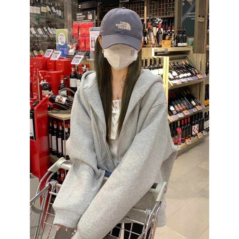 灰色连帽宽松卫衣女秋冬季美式复古休闲长袖开衫外套拉链加绒上衣