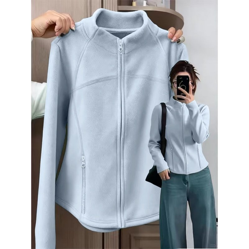 奶蓝色奥粒绒拉链外套女秋冬修身冲锋衣内胆百搭休闲加绒卫衣开衫