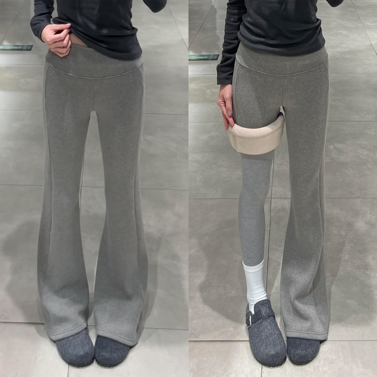 灰色美式微喇运动裤女秋冬季低腰垂感休闲卫裤加绒修身显瘦喇叭裤