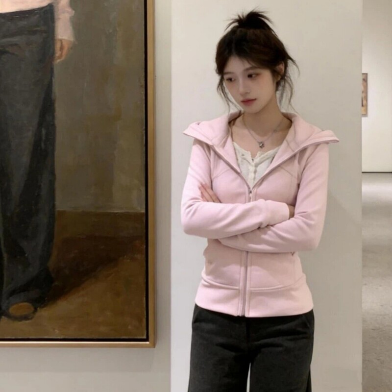 粉色修身外套女秋冬季拉链连帽正肩收腰卫衣加绒显瘦内搭上衣韩系