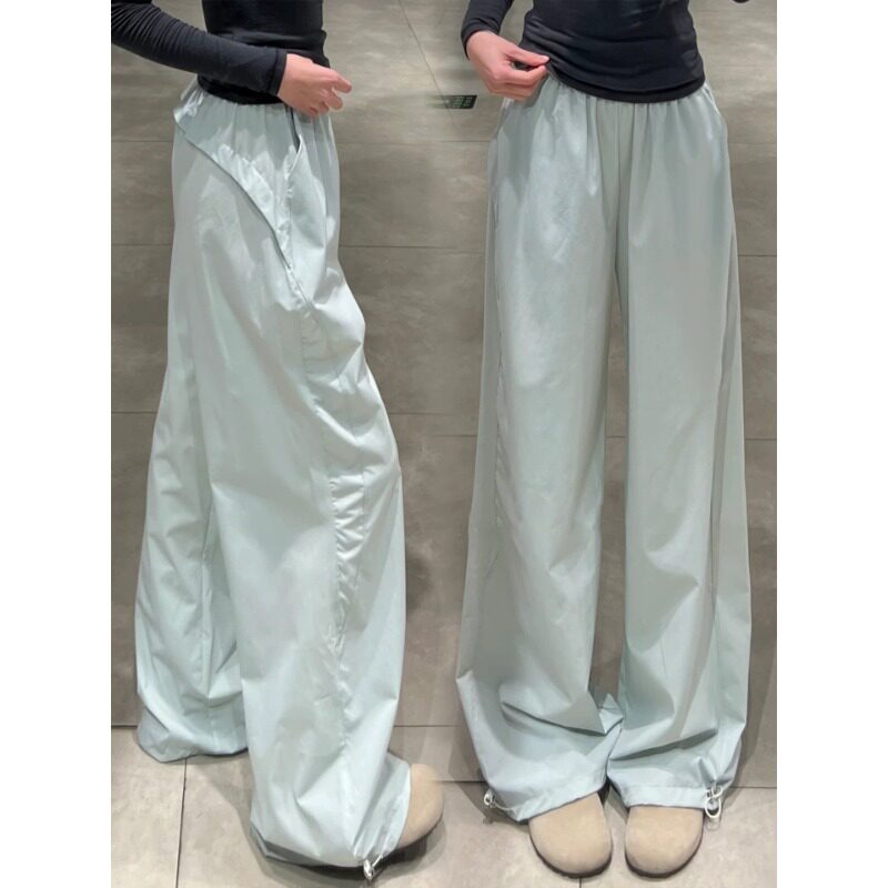 美式雾霾蓝简约工装裤女春秋新款高腰垂感宽松舒适显瘦阔腿运动裤