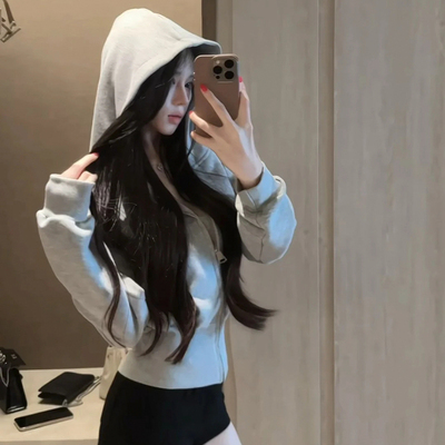 浅灰色美式长袖拉链连帽卫衣外套