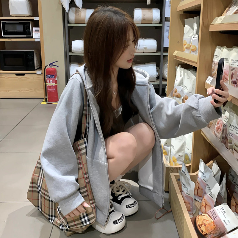 韩系慵懒风连帽卫衣女秋冬新款宽松显瘦加绒休闲拉链开衫外套上衣